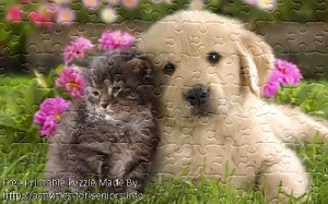 FREE Printable Jigsaw Puzzle: Cat and Dog 1 (Small + Large Pieces). A super cute kitty and a puppy almost hugging each other sitting on the grass.