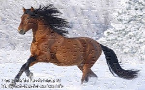 FREE Printable Jigsaw Puzzle: Horse 1 (Small + Large Pieces). A very beautiful and muscular looking brown horse caught while running in the snow.
